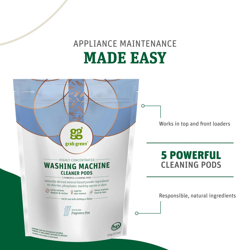Grab Green Washing Machine and Dishwasher Cleaner Pods - Fragrance Free, 5 Cleaning Pods 5 Count (Pack of 1) - BeesActive Australia