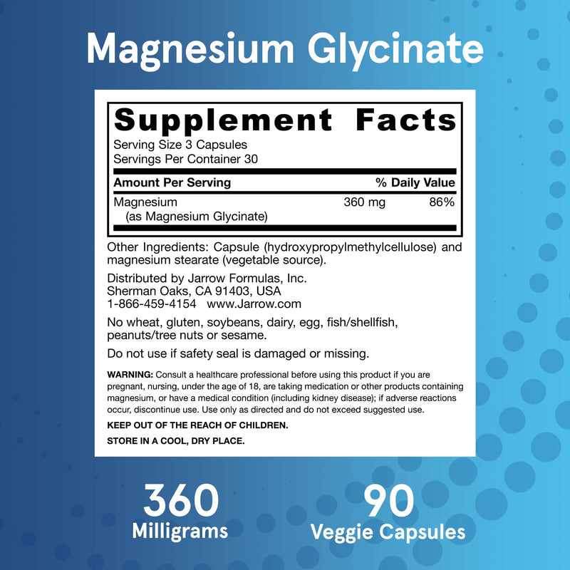 Jarrow Formulas Magnesium Glycinate Veggie Capsules - 360 mg Magnesium per Serving, Supports Relaxation and Healthy Sleep, 90 Count, 30 Day Supply - BeesActive Australia