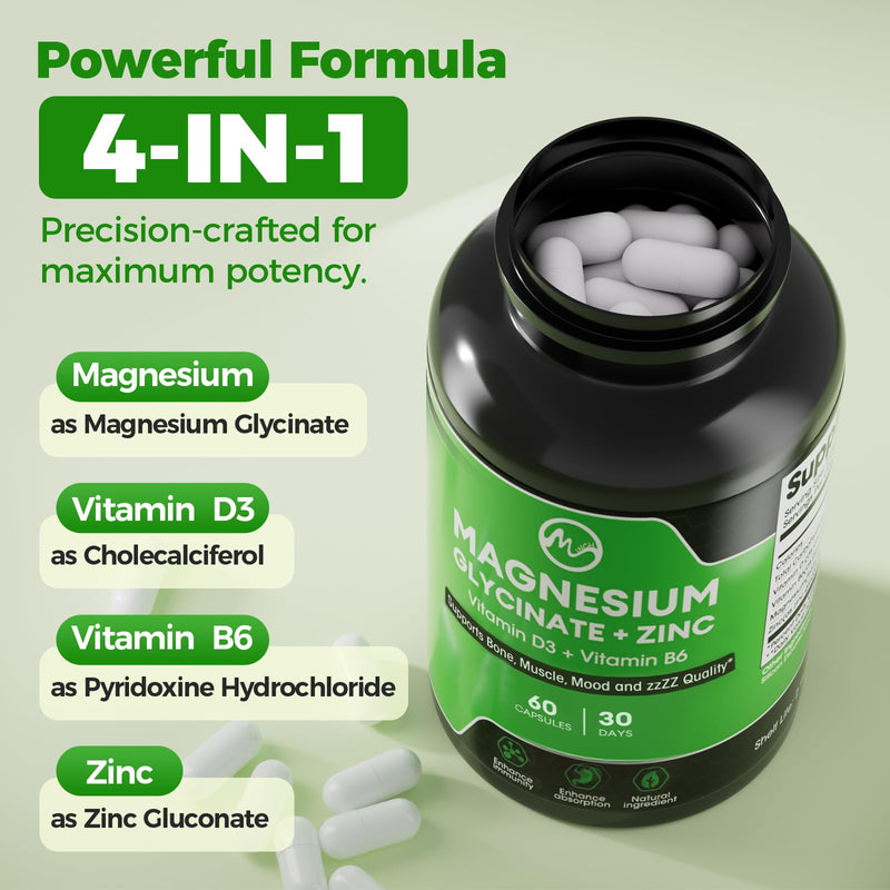 Magnesium Glycinate Capsules, Magnesium Glycinate Supplement with Zinc, Vitamin D3 & B6 - Promotes Nerve, Bowel, Relaxation Function - 60 Vegan Capsules 60 Count (Pack of 1)