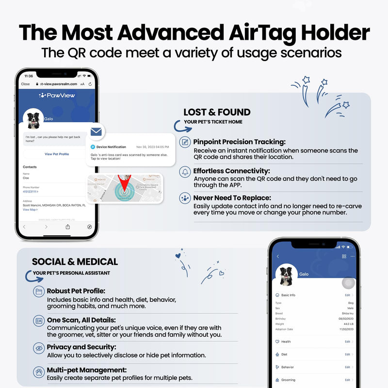AirTag Dog Collar Holder, Smart QR Code AirTag Holder for Cats and Dogs - Scan Alert | Instant Location | Pet Online Profile | Contacts Info | Pet APP Remote Control (1 Pack, Black) - BeesActive Australia
