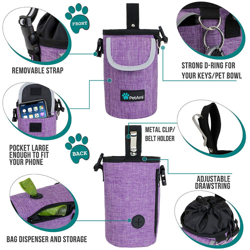 PetAmi Dog Treat Pouch, Large Pet Training Treat Pouch with Pocket, Dog Trainer Essentials Supply Holder with Poop Bag Dispenser, Training Bag for Kibbles Toys, 3 Ways to Wear (Purple) Purple - BeesActive Australia