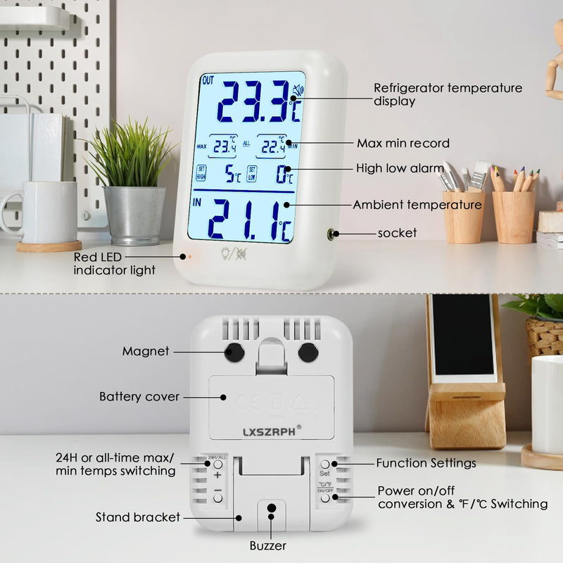 Digital Freezer Thermometer Fridge Temperature with Alarm, Backlight, Magnet, Power On/Off, Max/Min Temperature for Home, Restaurants, RV, External Sensor, AAA Battery (1) 1 - BeesActive Australia