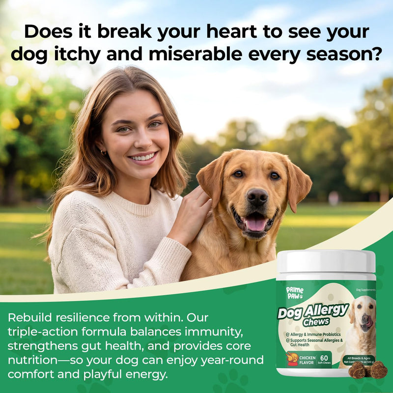 Dog Allergy Chews - Immune & Itch Relief Support with Probiotics, Fish Oil, Colostrum & Bromelain - Seasonal Allergy Relief & Skin & Coat Health - Soft Chews, Chicken Flavor, 60 Count