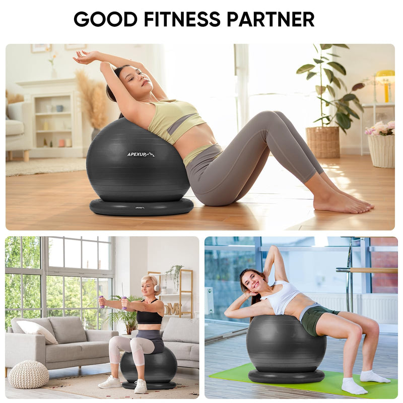 APEXUP Yoga Ball Chair, Exercise Ball Chair with Base for Office, Anti Slip Stability Ball Fitness Ball Seat, Home Gym Workout Ball, Balance Ball with Pump (Black, L) L (23"-26"/65cm) Black