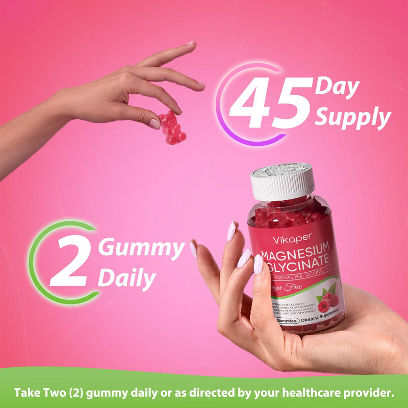 Magnesium Glycinate Gummies 1000mg Complex,Sugar Free Magnesium Supplement with Magnesium L-Threonate,Calcium,Potassium,Vitamin D3,B6 & CoQ10,Gelatin Free Raspberry Gummies for Adults,2 Pack,180 Ct 90 Count (Pack of 2)
