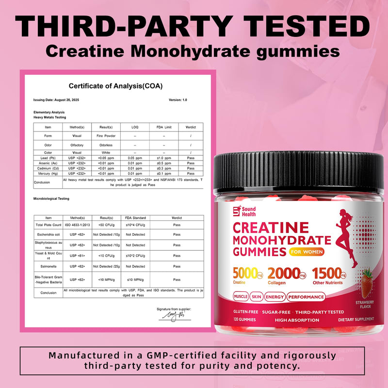 12 in 1 Creatine Gummies, 8500mg Strawberry Flavor Organic Creatine Monohydrate Gummies for Women & Men Sugar Free Nutritional Supplements with Collagen, BCAAs, Vitamin C & B12, 120 Count | 12 in 1 Complex 8500mg, Strawberry Flavor Sugar Free with Coll...
