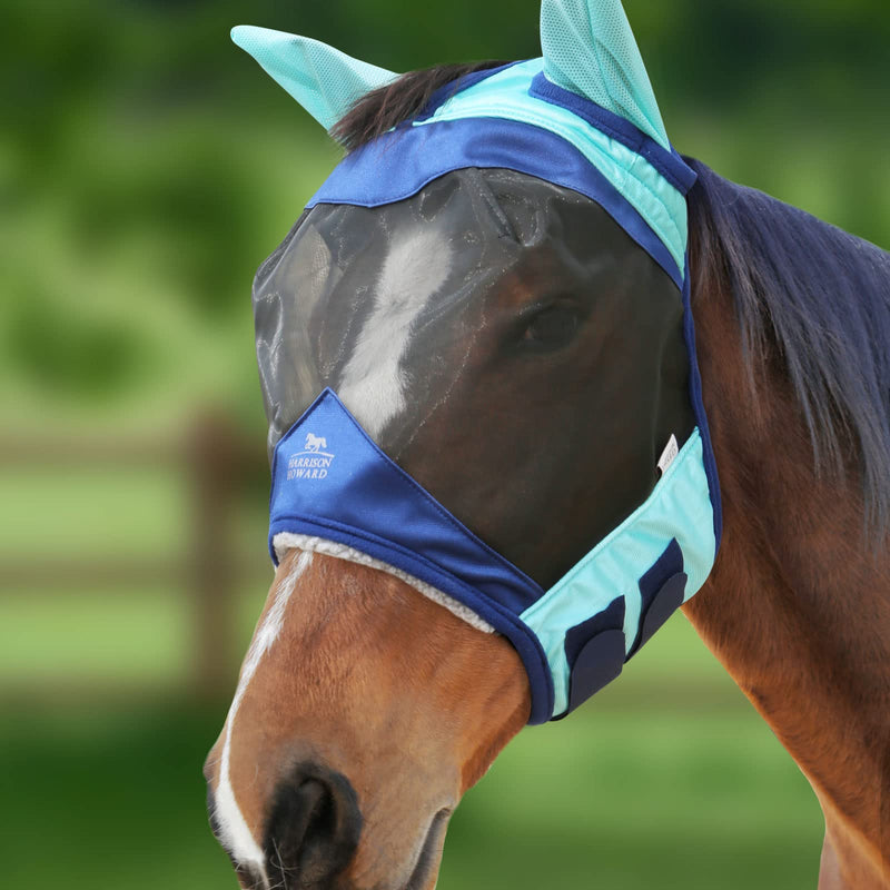 Harrison Howard Luxe Dual-Tone Horse Fly Mask Half Face with Ears Fully Visible UV-Blocking Fine Mesh Soft Fleece Edging for Extra Comfort Summer Mint/Navy M Cob Cob (Medium) - BeesActive Australia