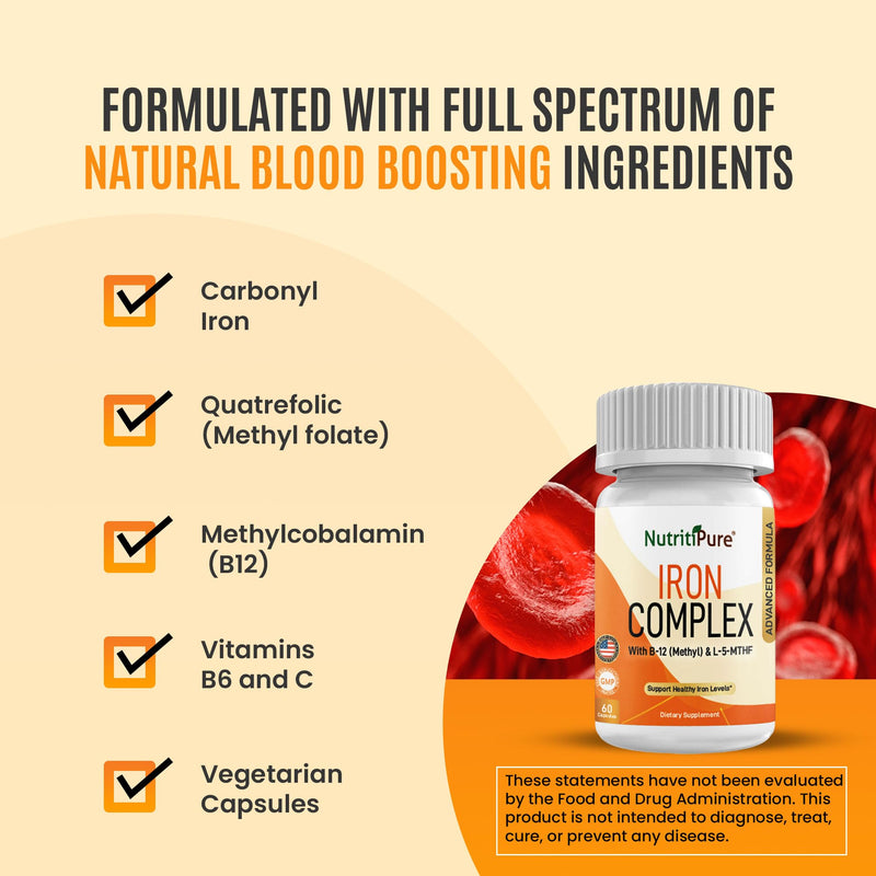 Iron Complex, Complete Blood Building Iron Vegetarian Capsules with Non-constipating Carbonyl Iron, Quatrefolic, B12, B6 & Vitamin C, for Women & Men (60 caps)