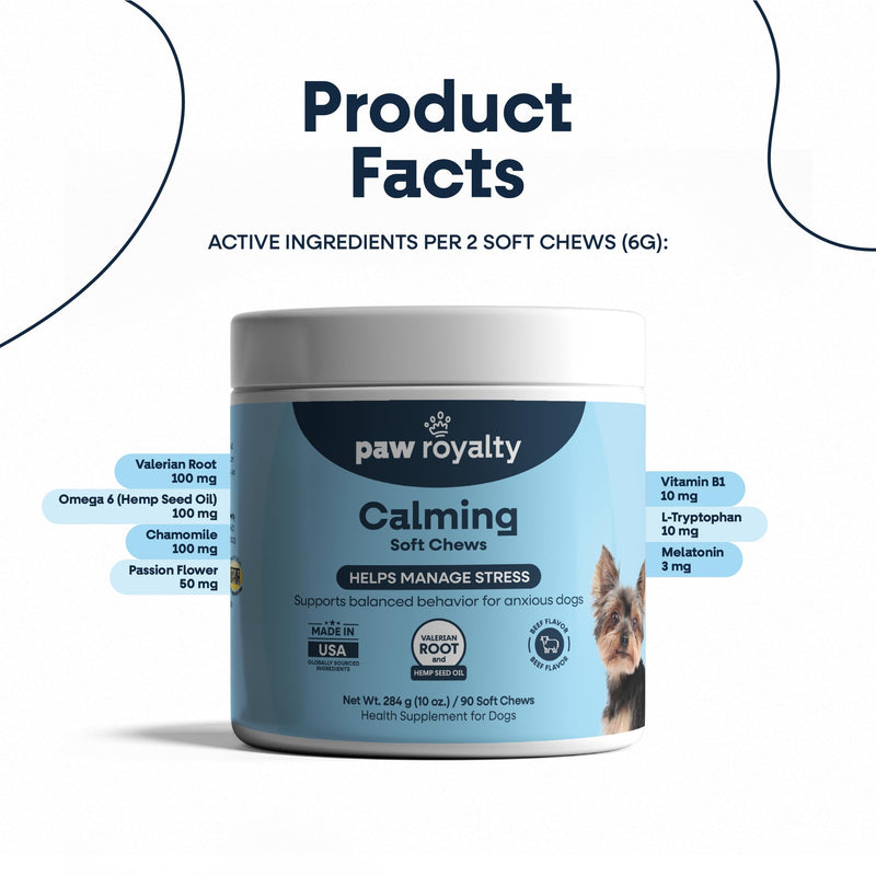 Calming Support for Dogs | Valerian Root, Chamomile, L-Tryptophan & Melatonin Formula | Beef Flavor Soft Chews for Dogs, 90 Count | Daily General Wellness Support