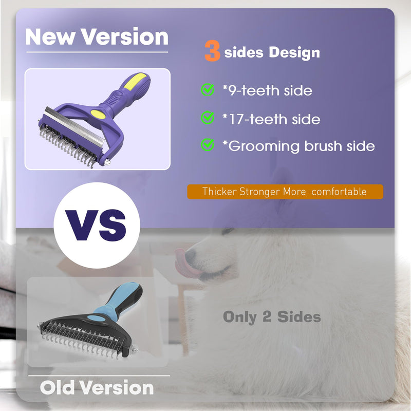 Dog Grooming Brush, Dematting Comb for Dogs and Cats, Pet Grooming Rake for Dogs, Cat Undercoat Deshedding Brush, 3 in 1 Upgraded Version Undercoat Rake for Thick Hair Pets 3 SIDES(3 IN 1) PURPLE - BeesActive Australia