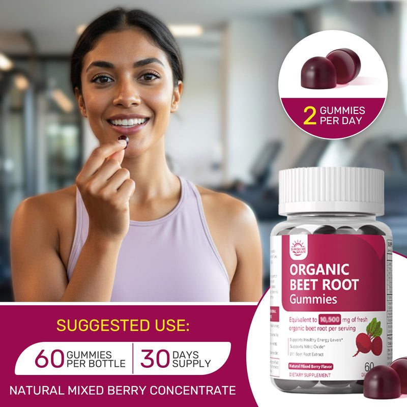 Organic Beet Root Gummies, Beet Chews for Nitric Oxide Support, 60 Count | Sugar-Free Beetroot Gummies with 21:1 Extract, Grape Seed & Black Pepper for Circulation, Heart and Energy; Vegan, Non-GMO 60 Count (Pack of 1)