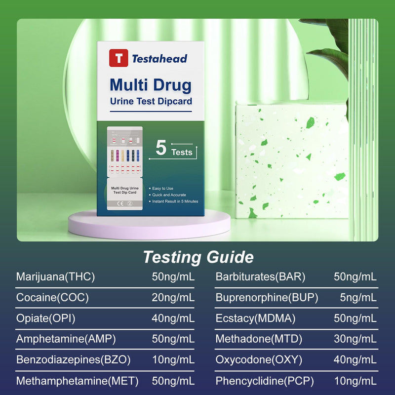 T TESTAHEAD Drug Test Kit - 12 Panel Home Urine Test Strips for Marijuana(THC),COC, and More | Instant Results | 5 Pack for Workplace, Healthcare & Personal Use