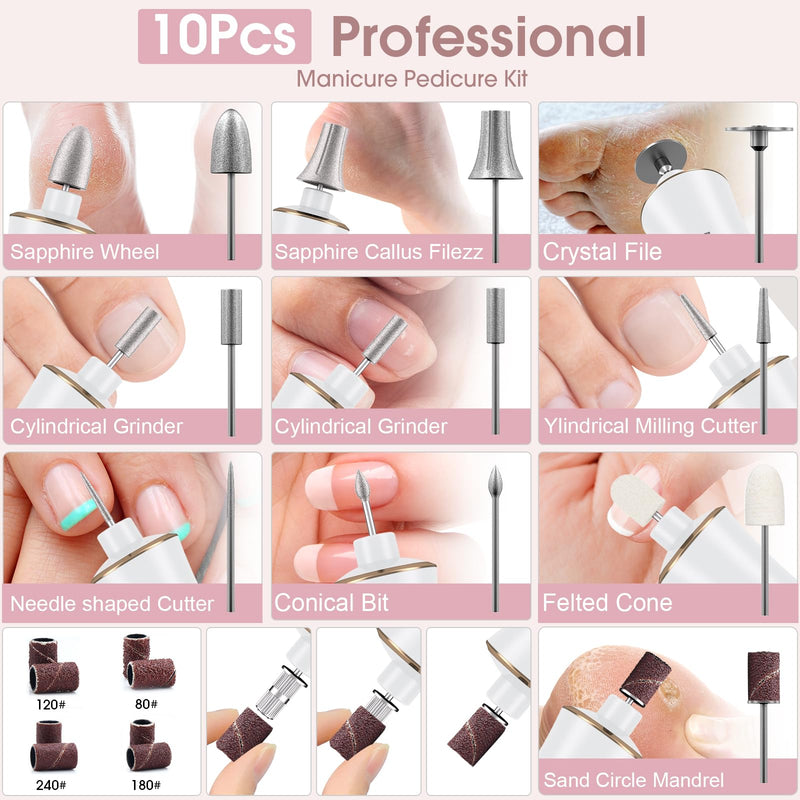 Professional Manicure Pedicure Kit, Cordless Electric Nail Drill with 360° LED light&10 Speeds, Rechargeable Pedicure Tools for feet, Hand Foot Care Nail Drill for Thick Nail Toenail Cuticle Women Men White - BeesActive Australia