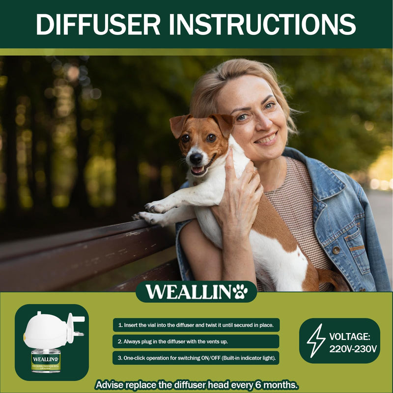 WEALLIN Dog Calming Diffuser Kit 3-in-1 Dog Pheromone Diffuser Set 1 Diffuser + 2 Refill 48ml Vials - 60 Days of Calming and Relaxing 1 diffuser, 2 refills