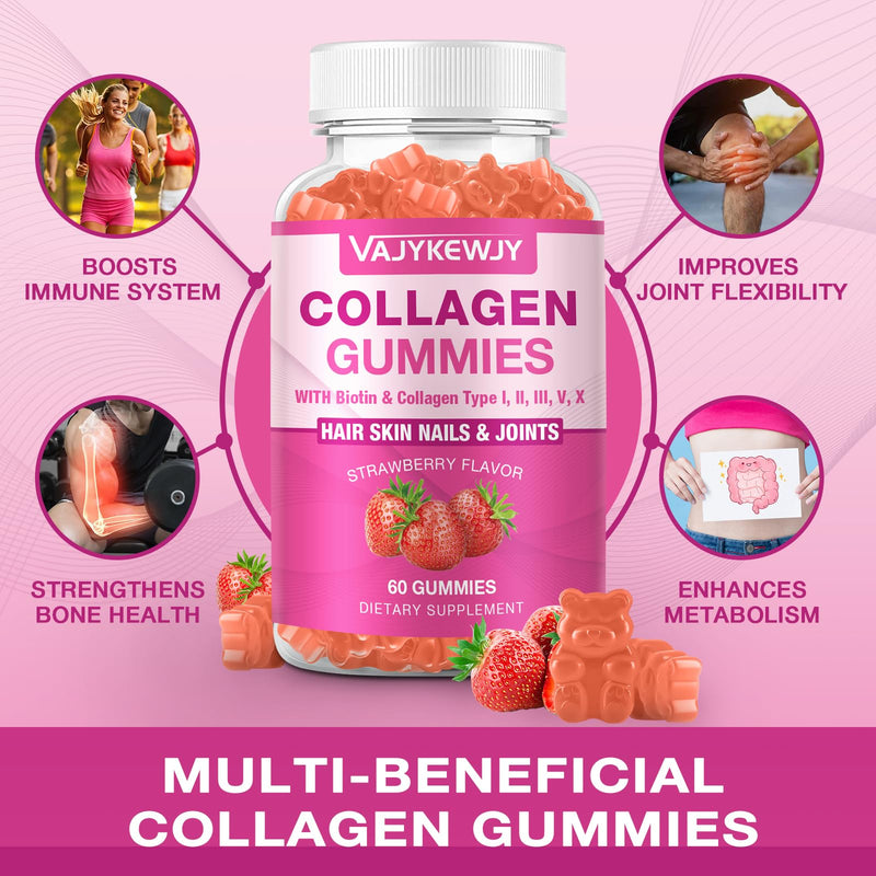 2-Pack Collagen Gummies for Women & Men - with Biotin, Vitamin C, & Zinc for Skin Radiance, Hair Growth, Strong Nails, & Joint Support, 120 Count 2pack
