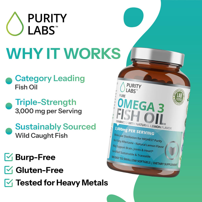 Purity Labs Omega 3 Fish Oil 3000mg – DHA & EPA Omega 3 Fatty Acid Supplements to Support Heart and Brain Health - Immune Support Supplement - 180 Softgels (60 Servings) 1