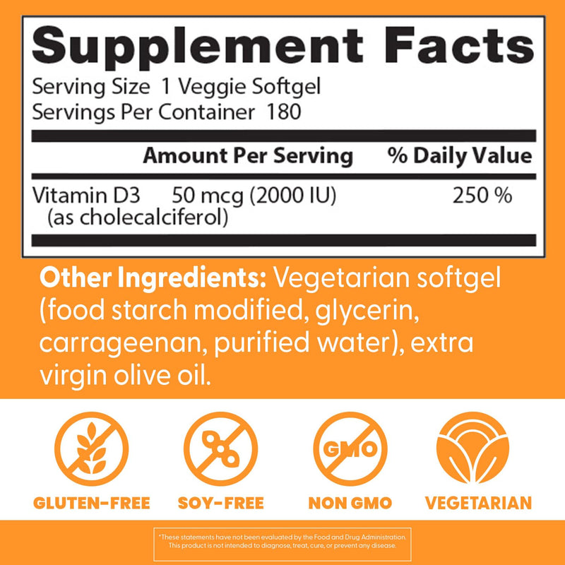 Doctor's Best Vitamin D3 2000 IU Softgels for Men & Women - Vitamin D Supplement for Immune System & Heart Health Support, 50 mcg per Serving, Vit D 3, Non GMO, Gluten & Soy Free - 180 Veggie Softgels