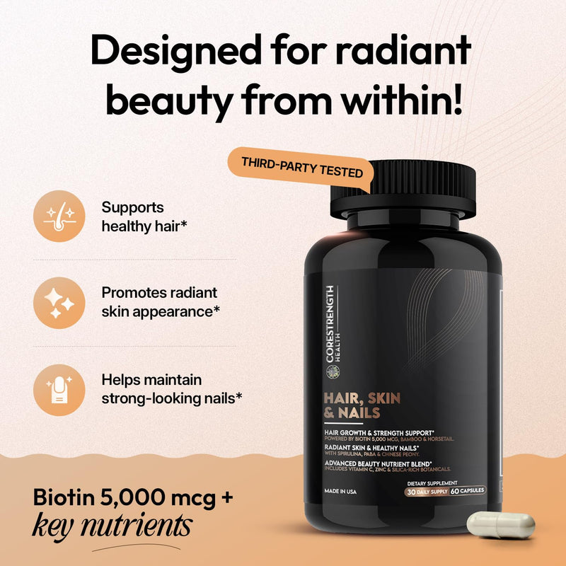 Hair Skin and Nails Vitamins for Women & Men, Biotin 5000mcg - 60 Ct | Full Vitamin Complex, Vitamin A, C, D3, E, Zinc with Bamboo & Horsetail, Non GMO, Made in USA, Third Party Tested