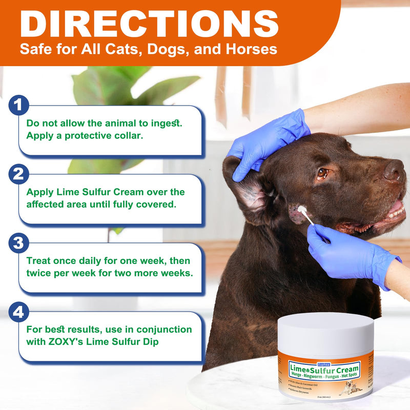 Lime Sulfur Cream, Mange Treatment Dogs & Cats, Ringworm Treatment for Cats, Soothes Itchy, Dry, Inflamed Skin, Promotes Hair Regrowth, Low Odor, No Rinse Needed, 2oz