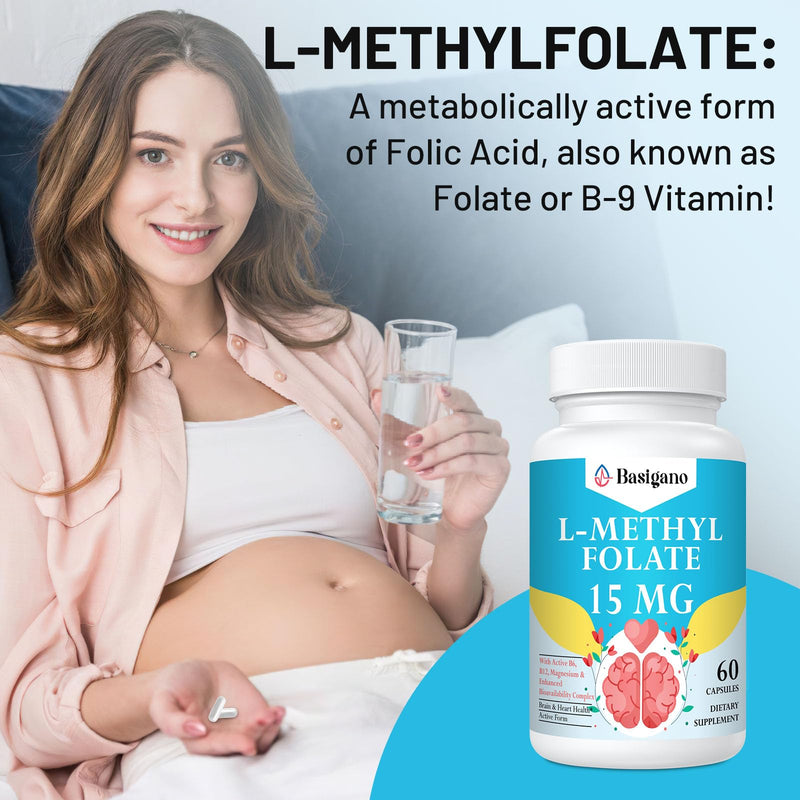 L Methylfolate 15mg (5-MTHF) - Active Folic Acid with B6 and B12 - Vegan, Gluten-Free, Dairy-Free (1 Pack)