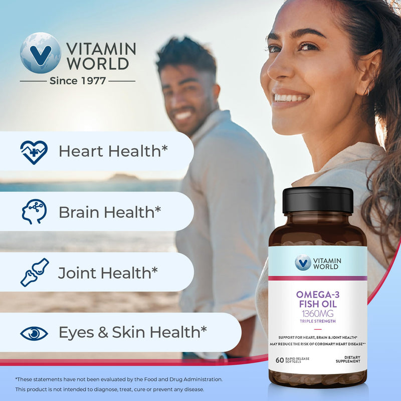 Vitamin World Triple Strength Omega 3 Fish Oil 1360 mg, 60 Softgels | High Potency Omega 3s with EPA & DHA 950 mg, Supports Heart, Brain & Joint Health, Gluten Free, 2 Months Supply 60 Count (Pack of 1)