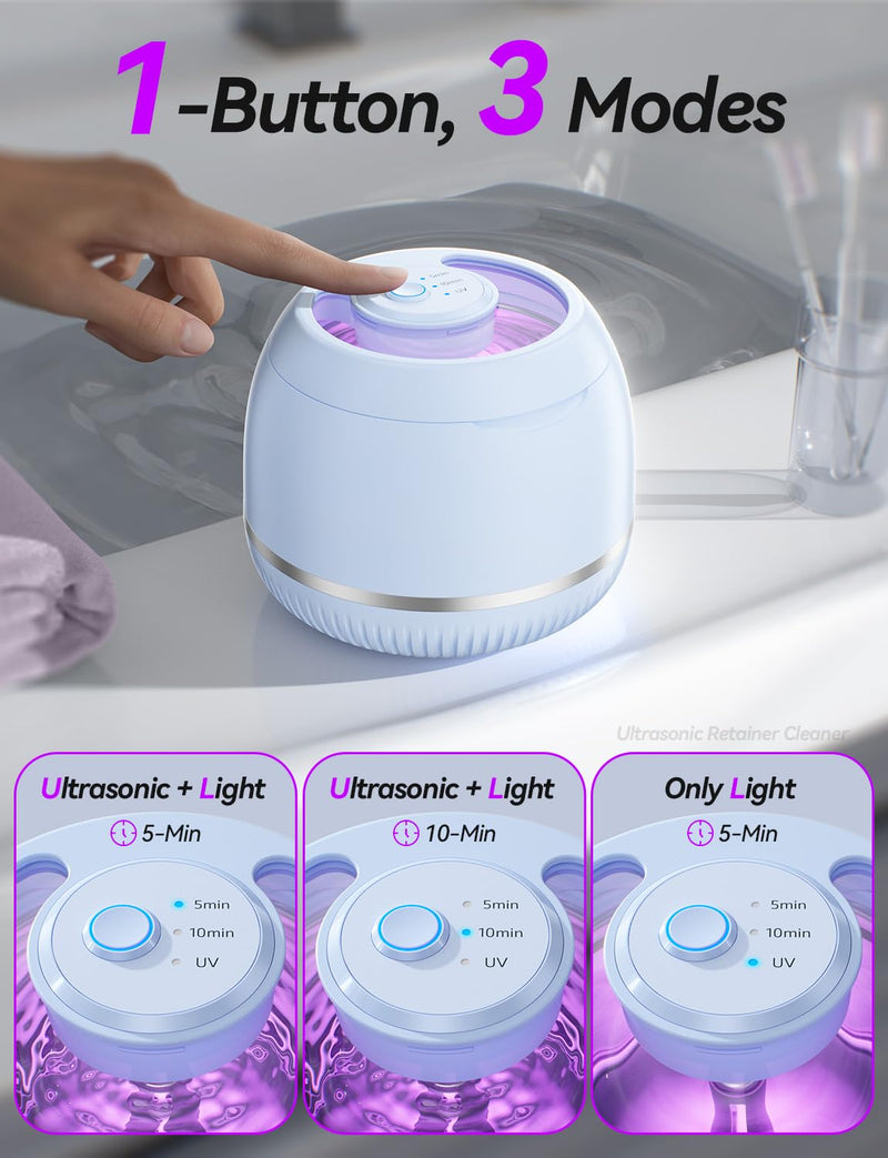 Beser Ultrasonic Retainer Cleaner, 2X Clean, 4X Sterilize, Dental Retainer Cleaner Machine Pod for Aligner, Nightguard, Mouth Guard, Denture Cleaner, Oral Dental Care, IPX6, 200ML, Sky Blue - BeesActive Australia