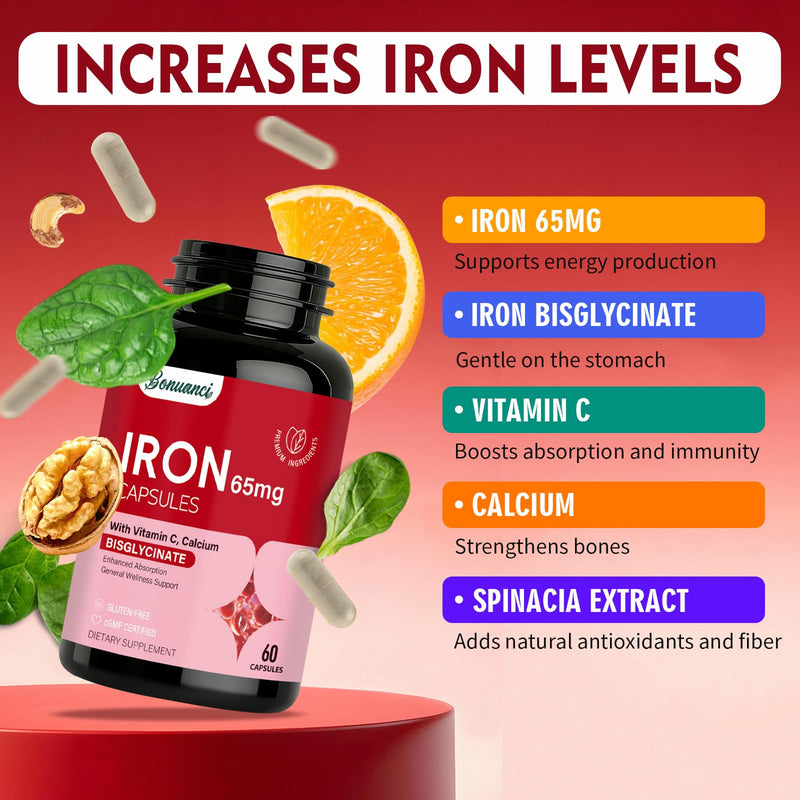 Iron Supplement - Iron 65mg High Absorption Iron Bisglycinate with Vitamin C, Calcium, Gentle Iron Pills for Women Men - Non GMO & Gluten Free, Stomach Friendly, 60 Capsules 60 Count (Pack of 1)