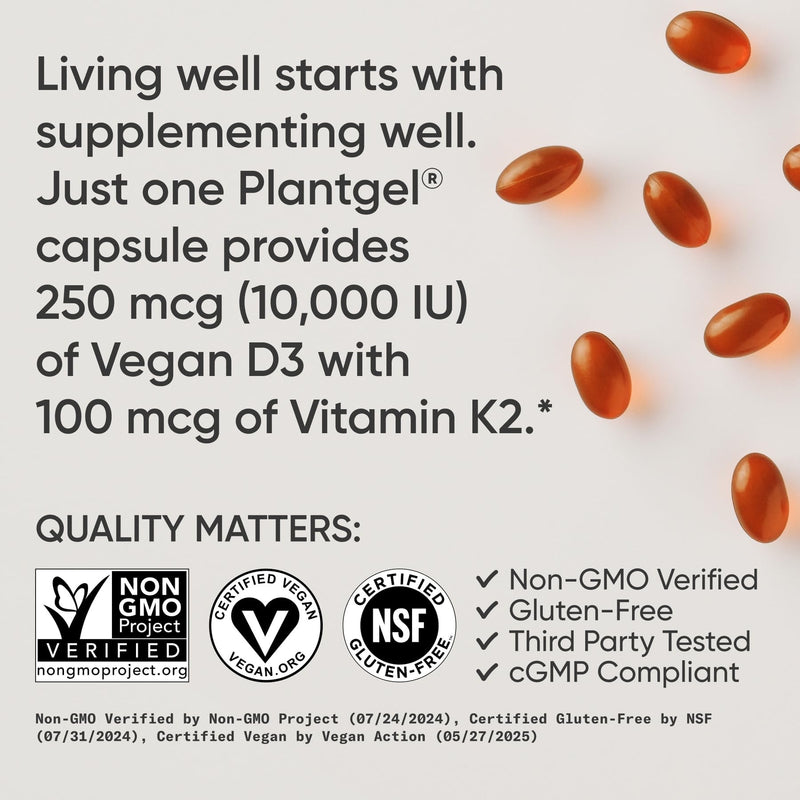 Sports Research® Vegan Vitamin D3 + K2 w/Coconut Oil, 60 Count Plantgels™ | Plant-Based Vitamin D 10,000iu/250mcg & Soy-Free Vitamin K 100mcg for Bone & Immune Support - Vegan Certified · Non-GMO