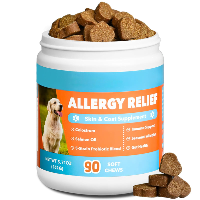 Dog Allergy Chews, Dogs Allergy Relief Chews for Paw Ears Eyes Itchy Skin Coat Supplement, Dog Itching Relief with Probiotics & Colostrum for All Breeds & Sizes Salmon 90 Count