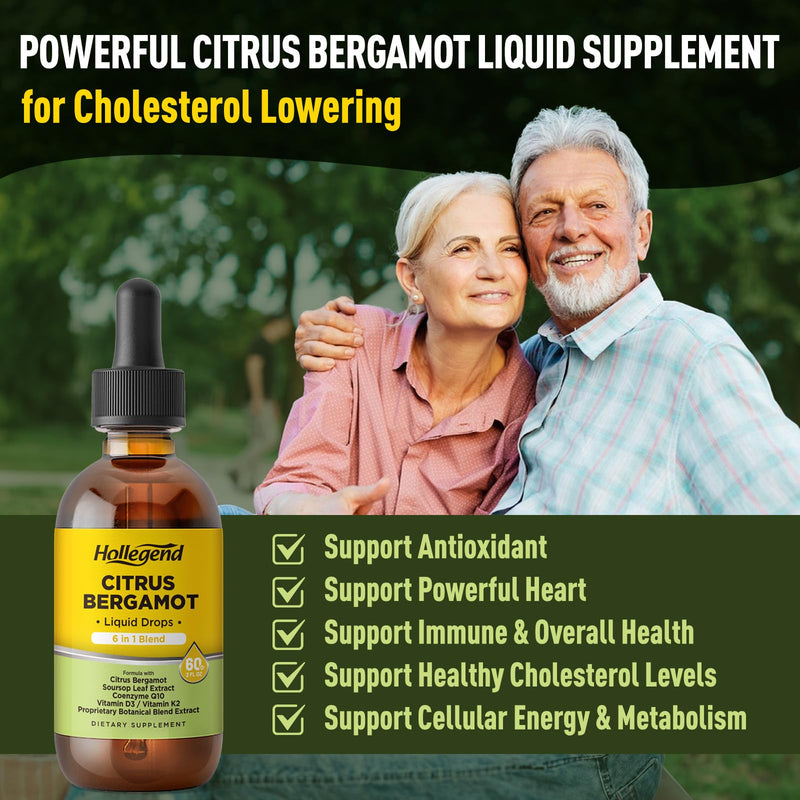 Citrus Bergamot Liquid Drops, Bergamot Extract 1000mg Supplement | Plus CoQ10, Soursop, Vitamin D3, K2 & Herbal Blend, Overall Health Support, Vegan, Lemon Flavor, 4 Fl OZ