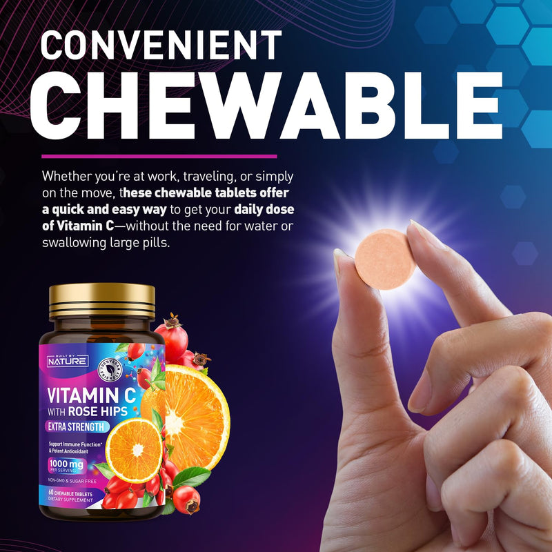 Built by Nature Chewable Vitamin C with Rose HIPS 1000mg 60 Tablets Orange Flavor, Non-GMO, Gluten-Free, Vegan, Immune Support & Antioxidant 60 Count (Pack of 1)