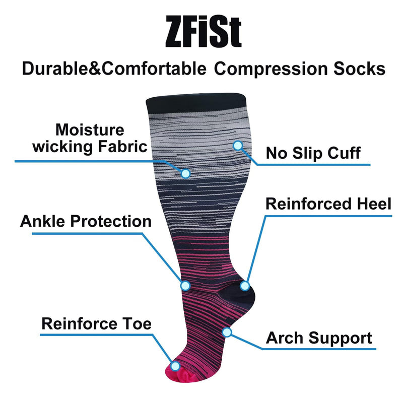 ZFiSt Plus Size Compression Socks Wide Calf for Women Men,Sport Compression Stocking Nurse Socks 3X-Large 3PairMHLLStripe