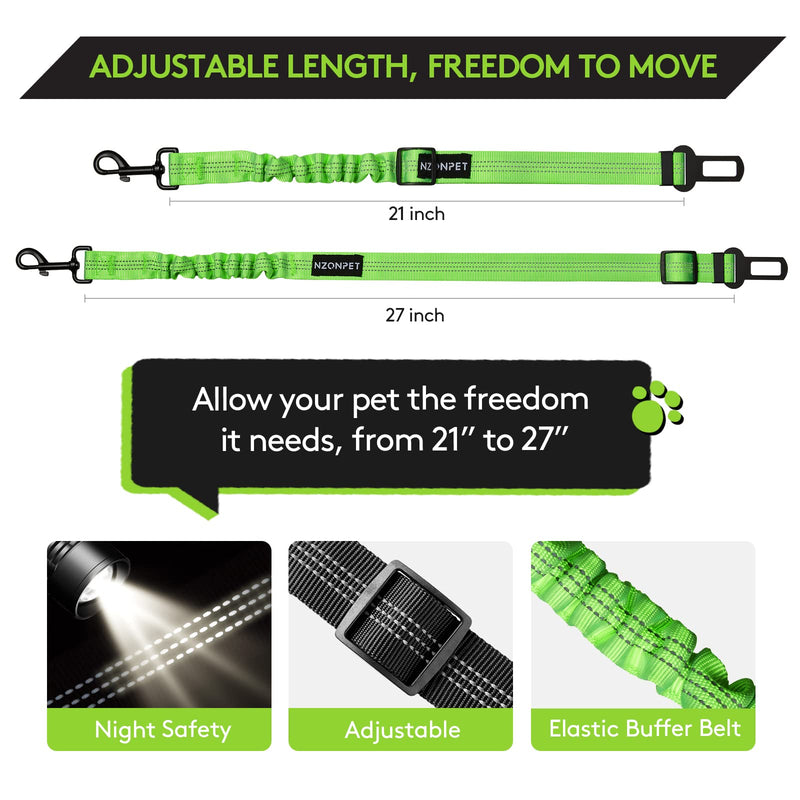Nzonpet Dog Seat Belt, Retractable Dog Car Seatbelts, Safety Dog Seat Car Harness for Car Travel, Reflective Heavy Duty Pet Seat Belts w/Stainless Hook and Elastic Bungee Buffer-Green Green - BeesActive Australia