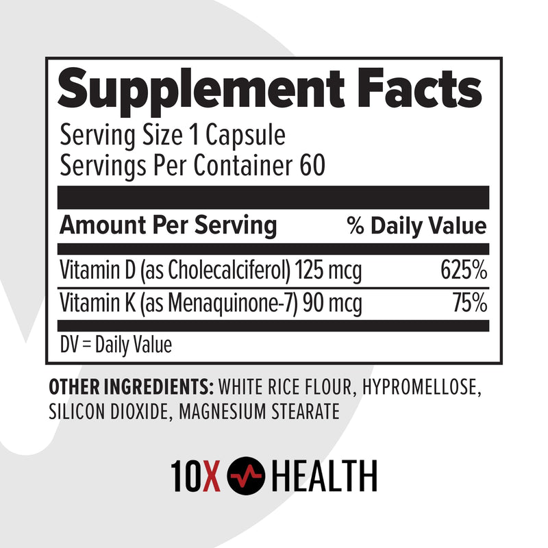 10X Health Vitamin D3 K2-60 Capsules | Vitamin K2 Mk7: 5000 IU Vitamin D3, Bone, Heart & Teeth Support, 60 Capsules 60 Count (Pack of 1)