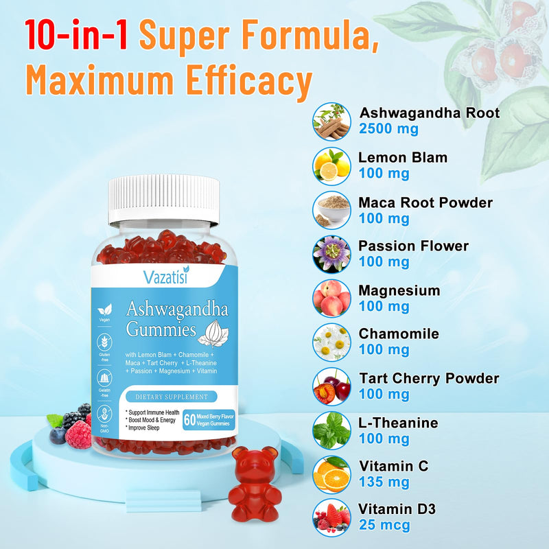 2 Pack Ashwagandha Gummies for Women Men, Sugar Free Organic Ashwagandha Gummies Supplement for Relax Restore Balance, Vegan Gluten Free, 120 Count 60 Count (Pack of 2)