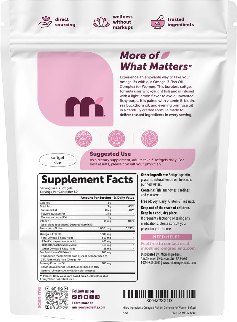 Micro Ingredients Omega-3 Fish Oil Complex for Women, 240 Softgels | EPA DHA + Omega-7 | with Vitamin E, Evening Primrose Oil, Biotin, Sea Buckthorn Oil | Lemon Flavor | Non-GMO, Gluten Free