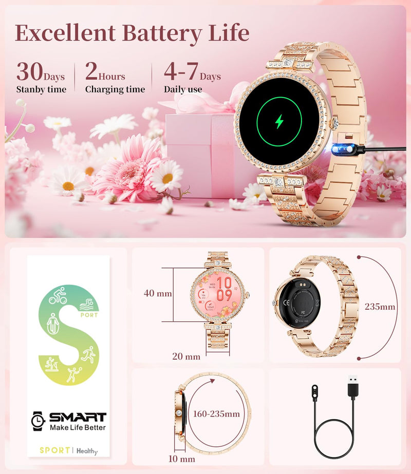 ESFOE Smart Watches for Women,1.19” AMOLED Smart Watch Women Answer Make Calls,IP68 Waterproof Fitness Tracker,Heart Rate Sleep Monitor,100+ Sports Pedometer Watch for Android iOS Phone,Gift,Rose Gold FV8-A(Diamond Metal Gold)