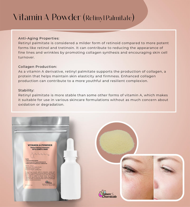 Vitamin A Powder Retinyl Palmitate, Pure Retinol Powdered Vitamin Water Soluble Vitamin A USP & Cosmetic Grade (4 oz. / 113 Grams) 4 Ounce (Pack of 1) - BeesActive Australia