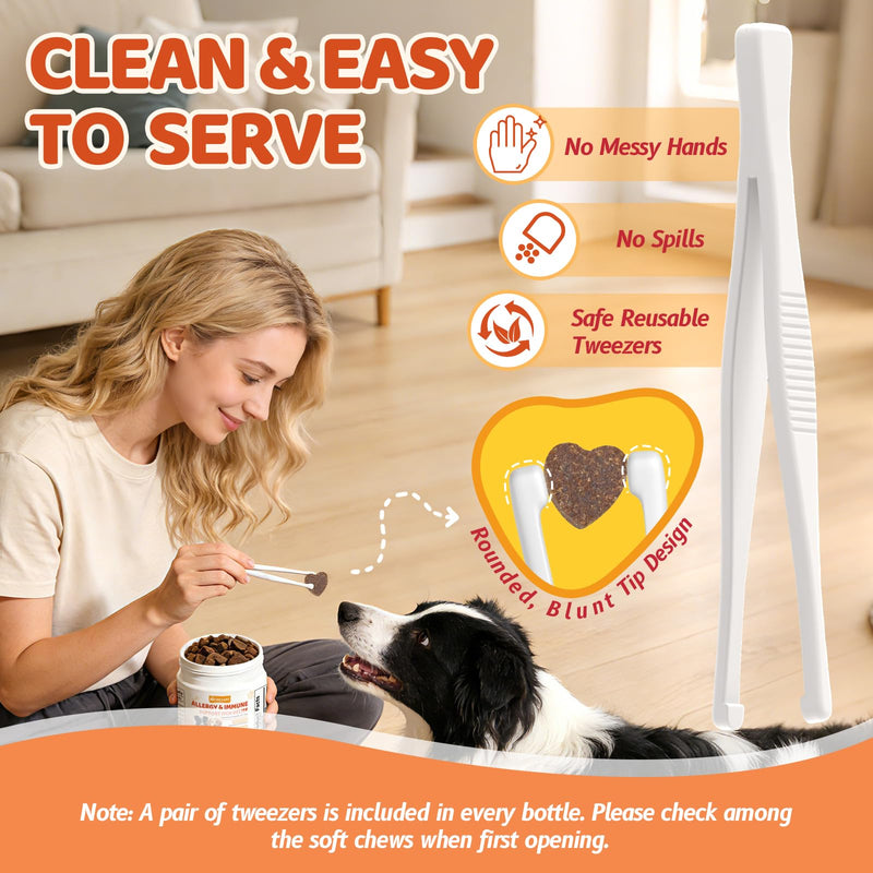 Dog Allergy Chews with Feeding Tweezers, Dog Probiotics for Itchy Skin and Ears, Bovine Colostrum, Lactoferrin and Multivitamins to Ssupport Immune Health for All Ages/Breeds, Chicken, 120 ct/300g