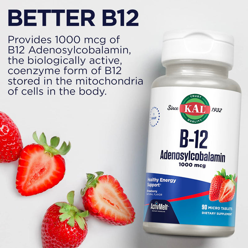KAL Vitamin B12 Adenosylcobalamin 1000 mcg, 90 ActiveMelt Micro Tablets | B 12 Vitamin, Active B-12 1000mcg for Women & Men, Energy Support - Strawberry Flavor 90 Count (Pack of 1)