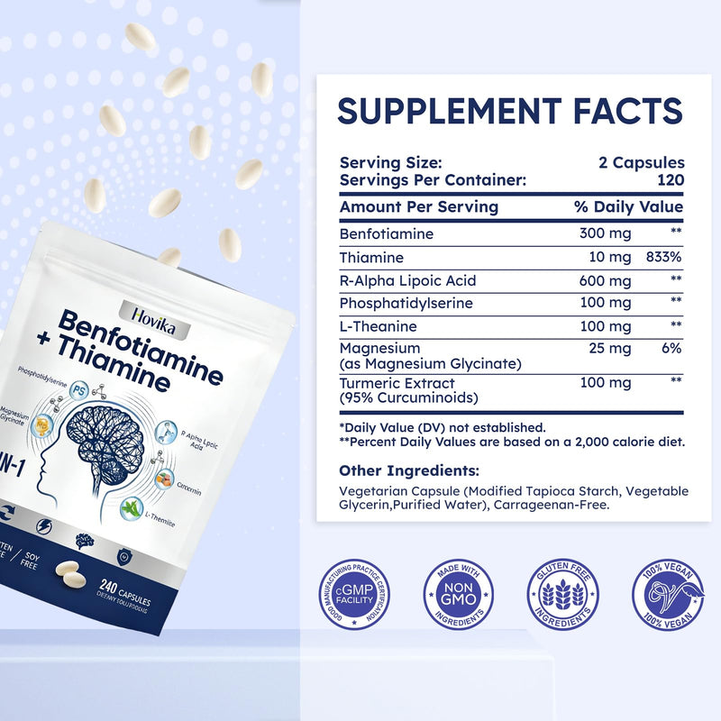 Vitamin B1 Benfotiamine 300mg with R-ALA 600mg & Thiamine - Advanced Nerve Support Supplement with Phosphatidylserine, L-Theanine, Turmeric & Magnesium - Non-GMO, Gluten Free, 240 Capsule