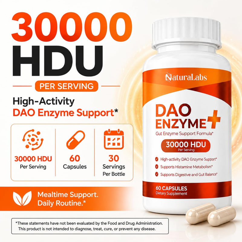 DAO Supplements Histamine Blocker – Enzyme + Triple-Strength 30,000 HDU | DAO Enzyme + Vitamin C, 60 Capsules, Histamine Intolerance & Gut Support, High Activity DAO