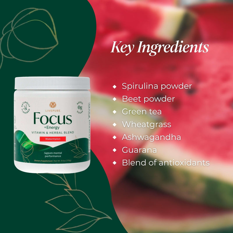 PURE Focus + Energy Tub Drink Mix | Zero Sugar | 9.5 oz | Watermelon Flavor | Natural caffeine from botanicals with antioxidants and B-complex vitamins | Energizing watermelon-flavored tub drink mix