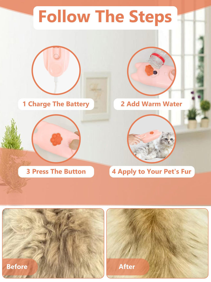 Cat Steam Brush, Rechargeable Steamy Pet Grooming Brush For Shedding, Silicone Water Spray Massage Brush, Cat Hair Removal Brush Self Cleaning Brush Steamer Wet Cat Spa Brush Cat Comb (Pink) - BeesActive Australia