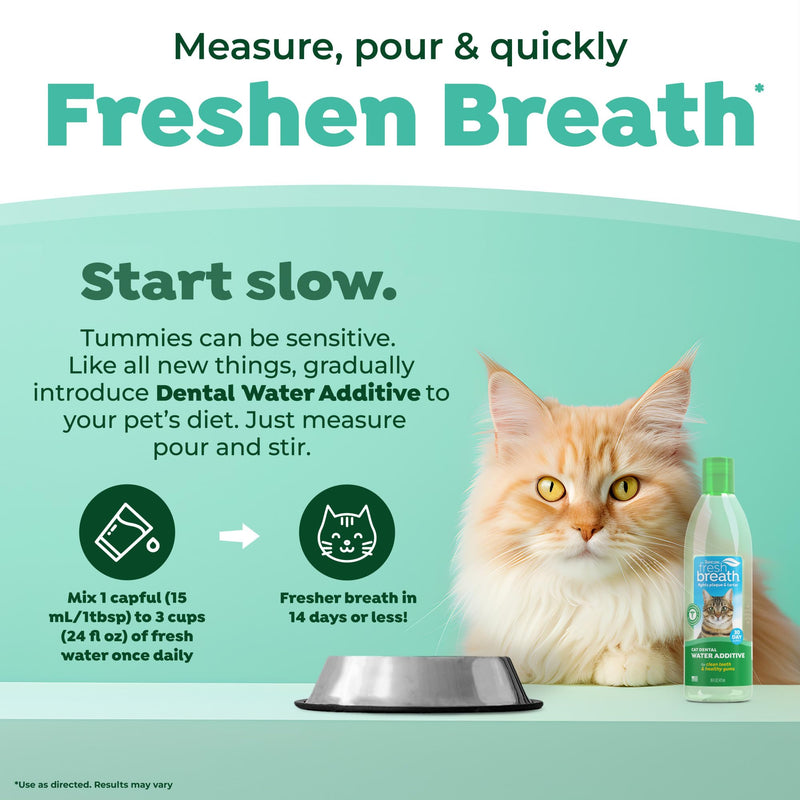 TropiClean Fresh Breath Water Additive for Cats, Cat Teeth Cleaning and Breath Freshener Solution, Complete No Brushing Dental Care, 16 oz. 16 Fl Oz (Pack of 1) Water Additive (Original)