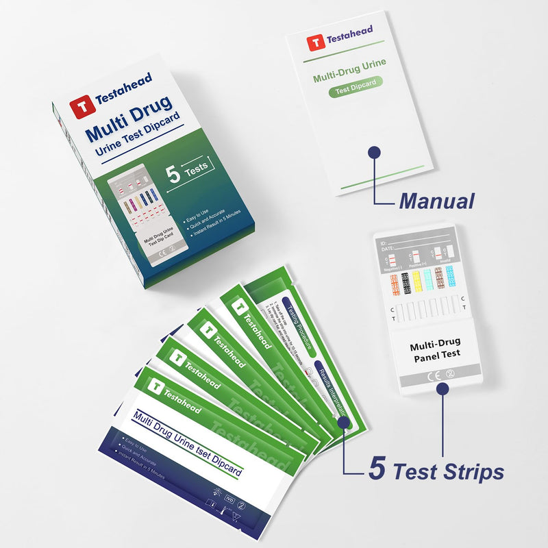 T TESTAHEAD Drug Test Kit - 12 Panel Home Urine Test Strips for Marijuana(THC),COC, and More | Instant Results | 5 Pack for Workplace, Healthcare & Personal Use