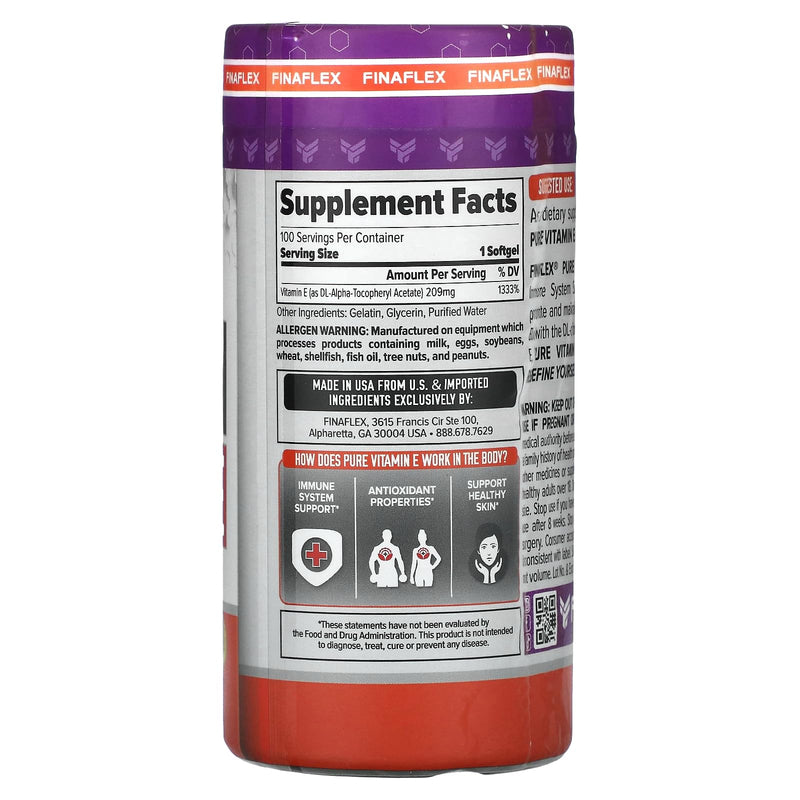 FINAFLEX PURE VITAMIN E - 100 Softgels - Immune System Support, Nourishes & Heals Skin - 100 Servings