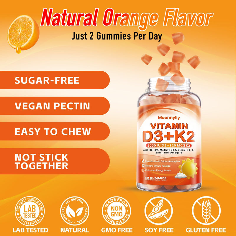 Maennyliy Vitamin D3 K2 Gummies for Adults: D3 5000IU + K2 (MK-7) 120mcg | D3 and K2 Supplements with Omega-3, Methyl B12, B9, B6, Vitamins E & Zinc - for Calcium Absorption & Overall Health Orange 60 Count (Pack of 1)