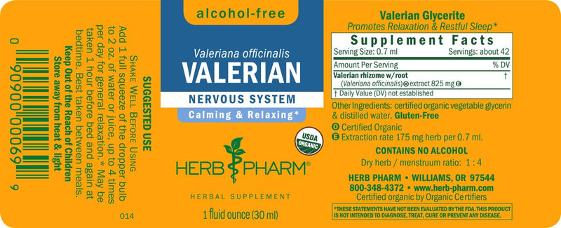 Herb Pharm Certified Organic Valerian Root Liquid Extract for Relaxation and Restful Sleep, Alcohol-Free Glycerite, 1 Ounce 1 Fl Oz (Pack of 1) - BeesActive Australia