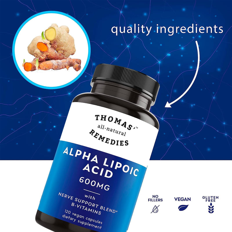 Toms Remedies Alpha Lipoic Acid Supplement 600mg Nerve Support | Vegan capsules with B-vitamins and a nerve support blend, No fillers, 60 count per bottle 120 Count (Pack of 1)